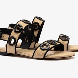 NWOB: LARROUDE Beige Raffia Milan Flats with Black Hardware, sz 7.5